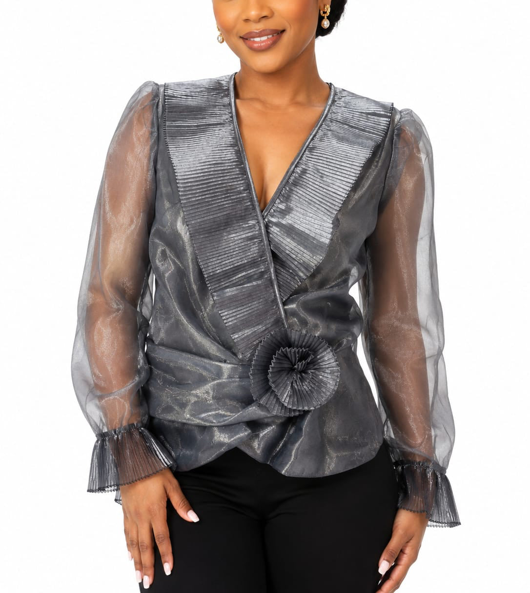 Chetta B. Metallic Wrap Blouse