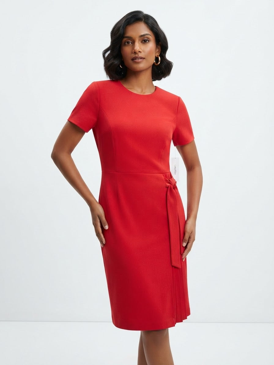Calvin Klein Belted-Pleated A-Line Red Dress