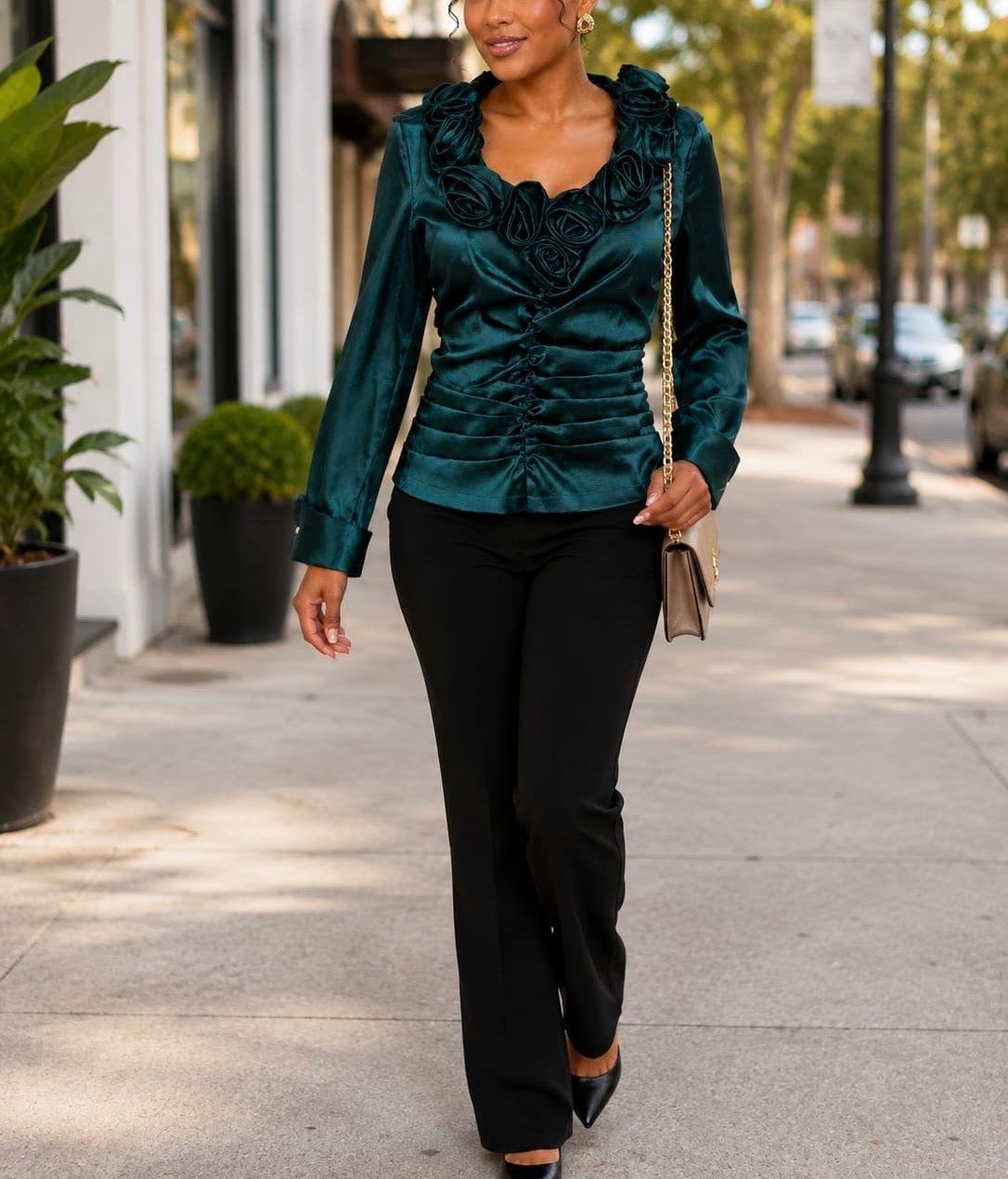 Anna Kevin NY Emerald Rosette Satin Blouse