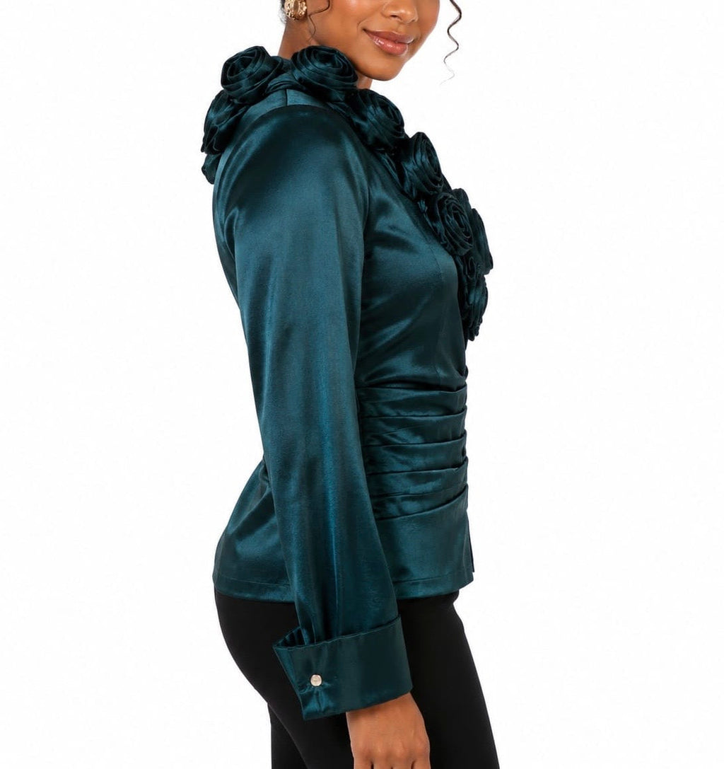 Anna Kevin NY Emerald Rosette Satin Blouse