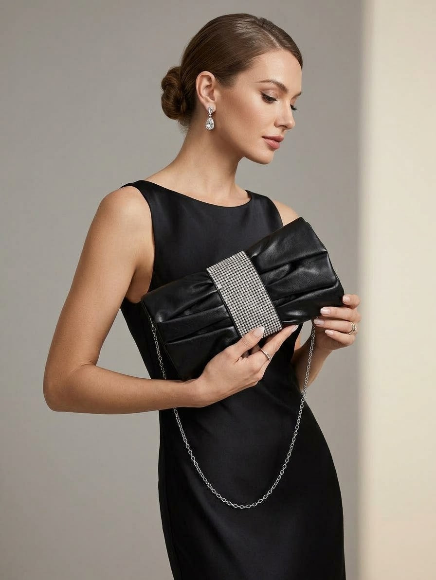 Elegant Black Ruched Bow Clutch with Rhinestone Accent Band