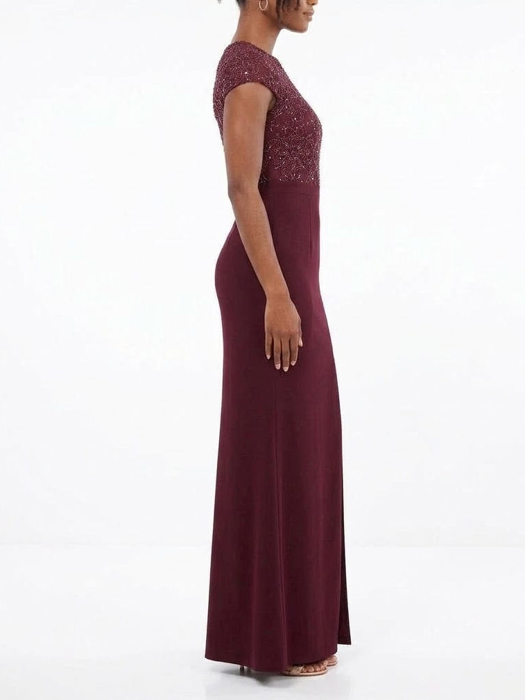 Aidan Mattox Velvet Plum Embellished Sheath Gown