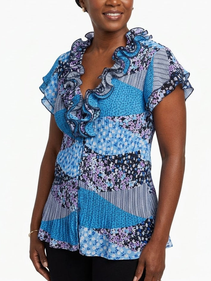 Ocean Mist Ruffled Patchwork Blouse