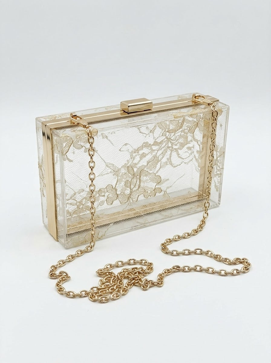 Pinkcosmo Gold Lace Clear Acrylic Box Clutch