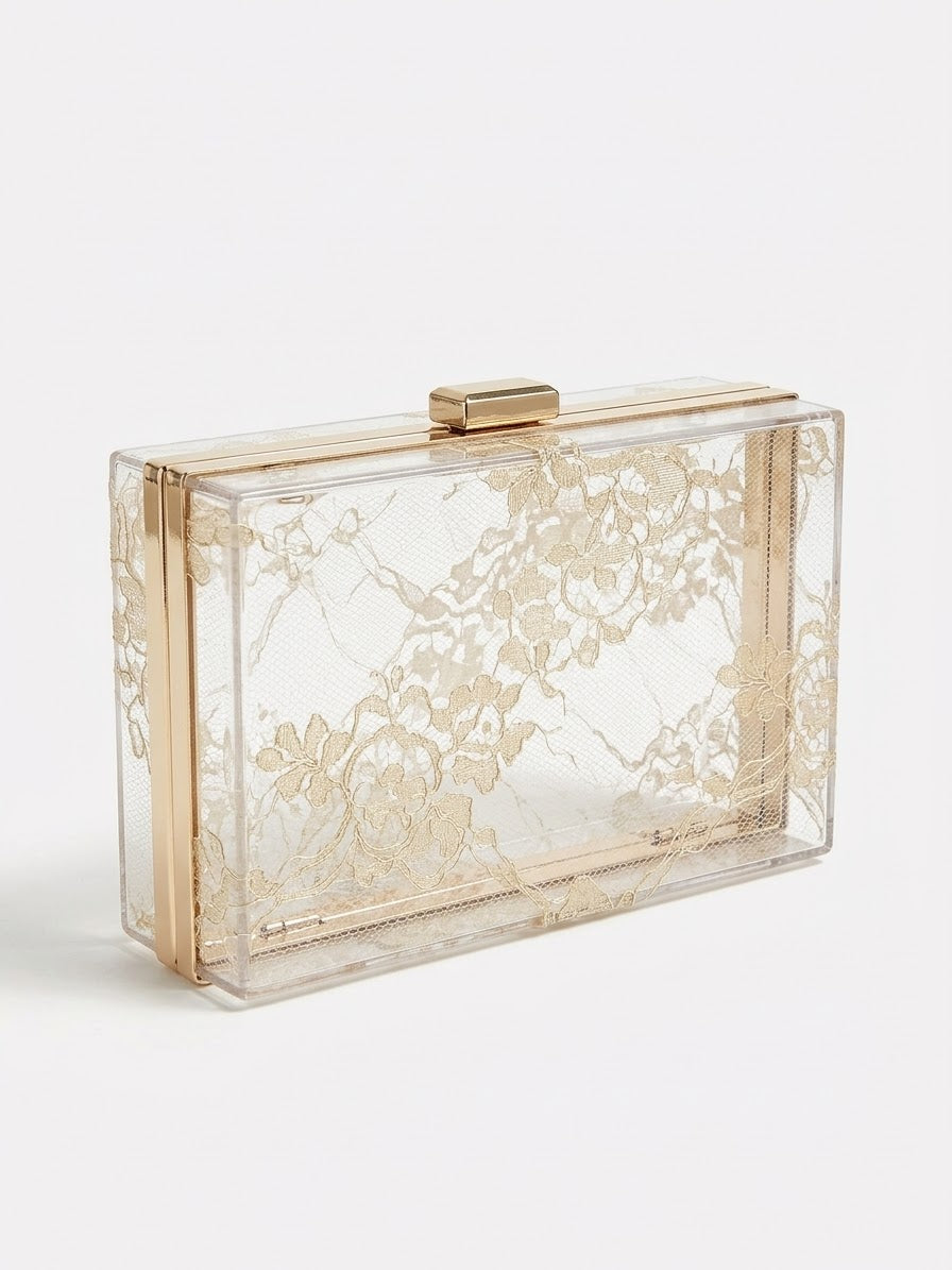 Pinkcosmo Gold Lace Clear Acrylic Box Clutch