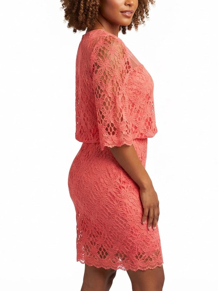 JAX Coral Lace Overlay Sheath Dress