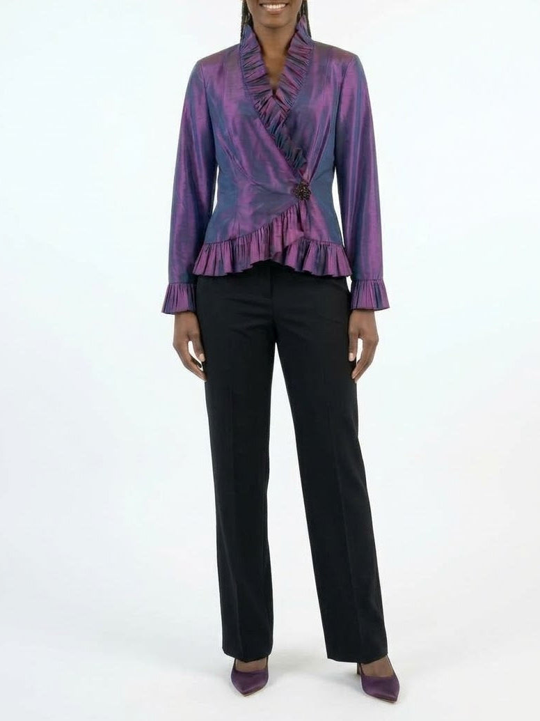 Chetta B Iridescent Silk-Taffeta Ruffled Wrap Jacket