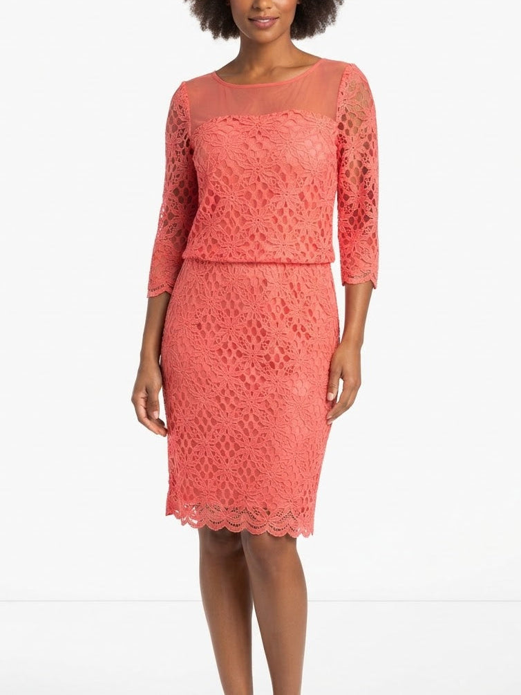 JAX Coral Lace Overlay Sheath Dress