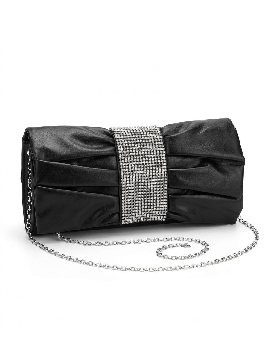 Elegant Black Ruched Bow Clutch with Rhinestone Accent Band