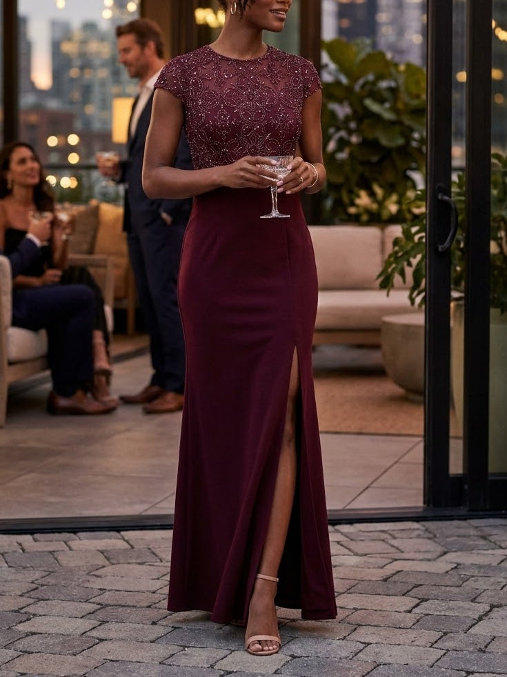 Aidan Mattox Velvet Plum Embellished Sheath Gown
