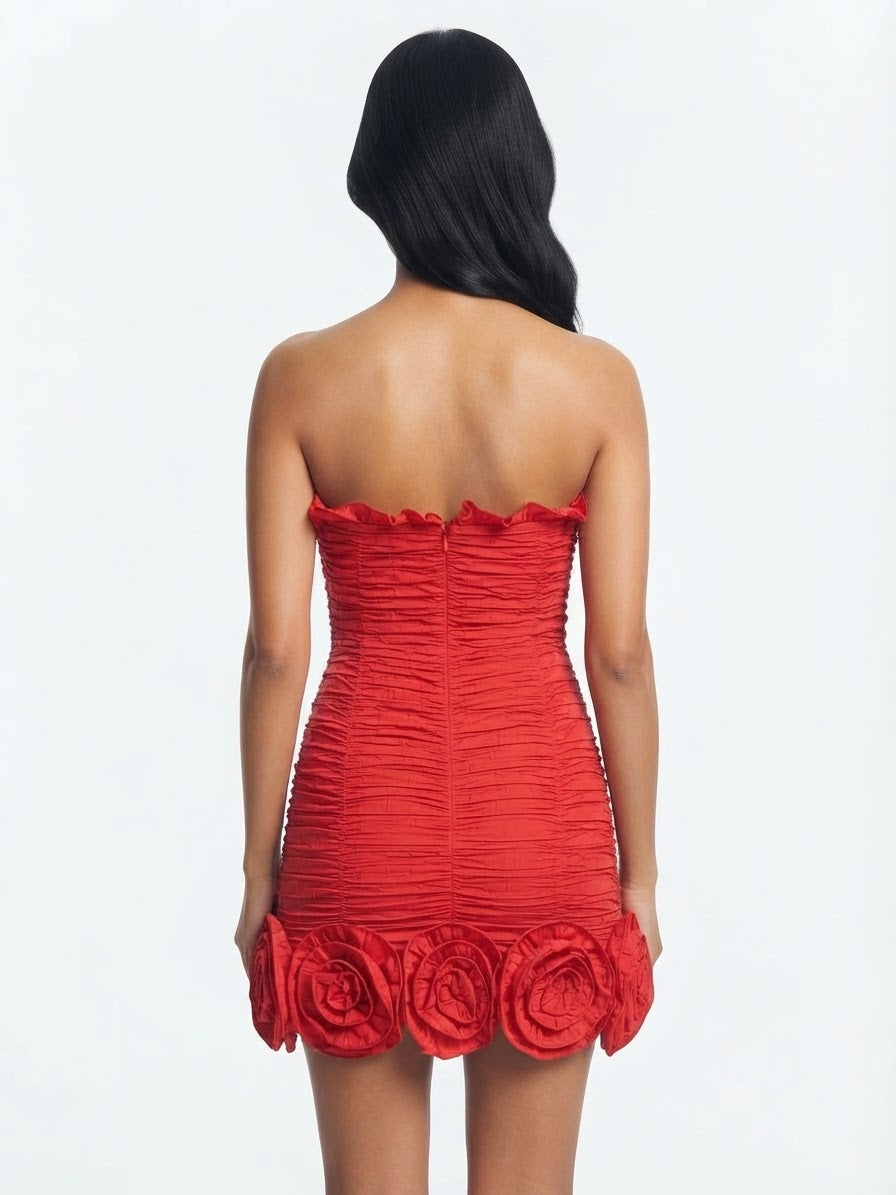 DDNY by Daniella Crimson Ruffled Rose Hem Mini Dress.
