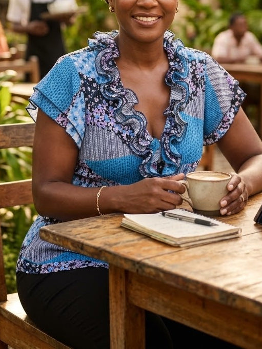 Ocean Mist Ruffled Patchwork Blouse