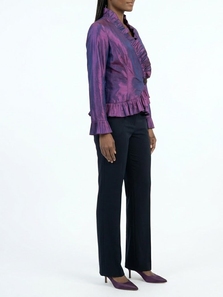 Chetta B Iridescent Silk-Taffeta Ruffled Wrap Jacket
